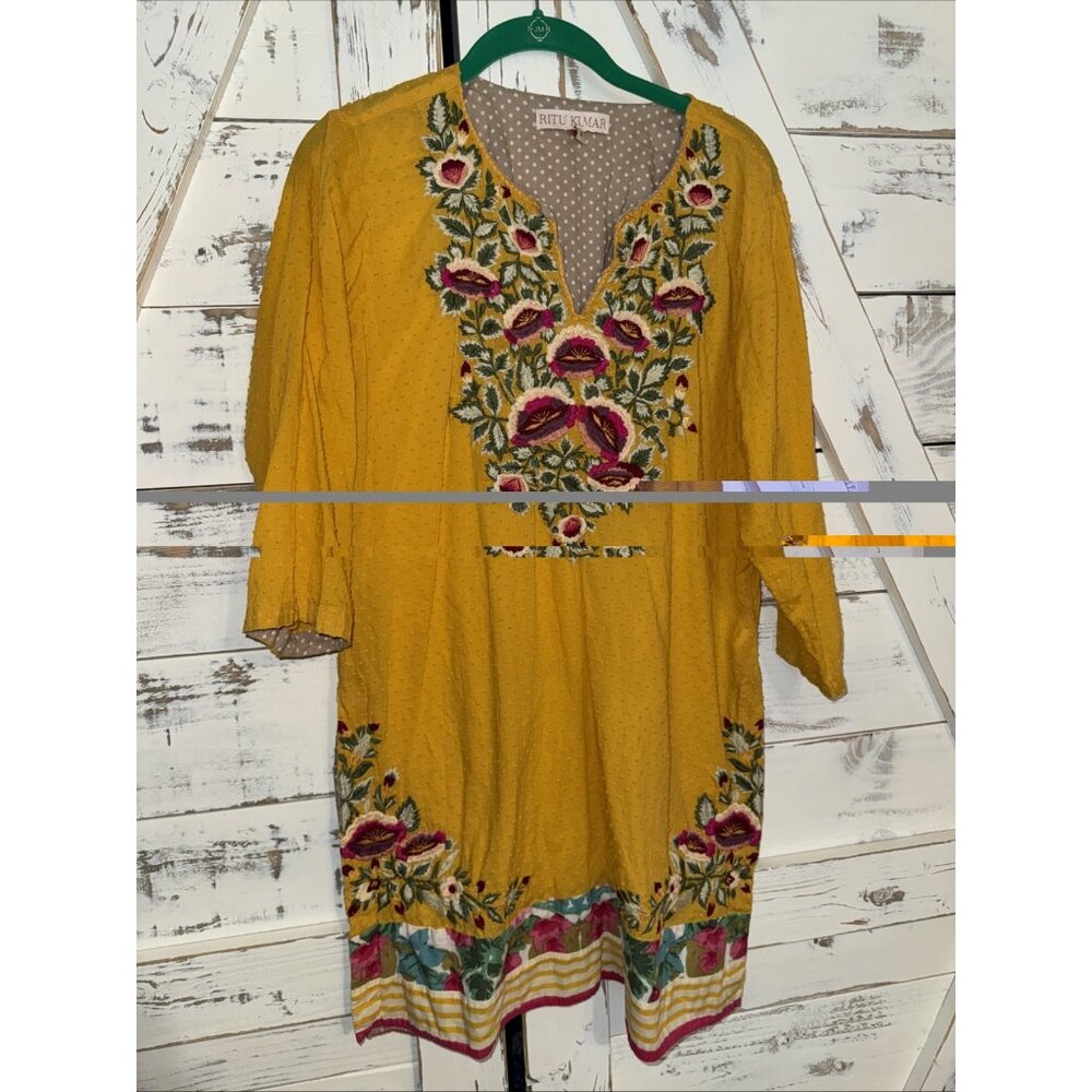 Ritu Kumar Embroidered Dress Kurta Size M Yellow Floral Boho Festival Resort